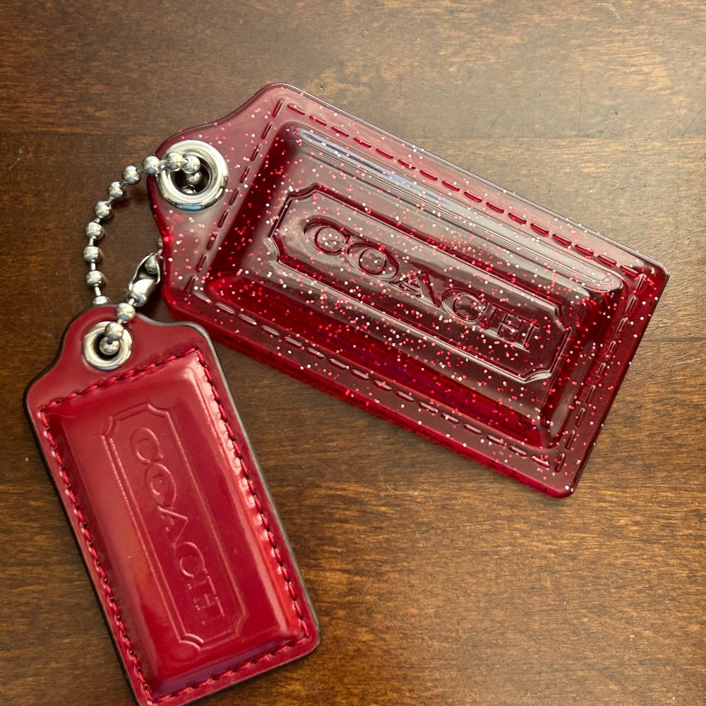 Vintage Coach Poppy hang tags. Raspberry glitter acrylic & patent leather. - Picture 2 of 10
